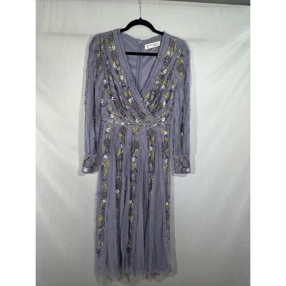 NWT $698 Mac Duggal [ 4 ] Long Sleeve‎ Embroidered Wrap Midi Dress Lilac G1710 - Picture 9 of 16